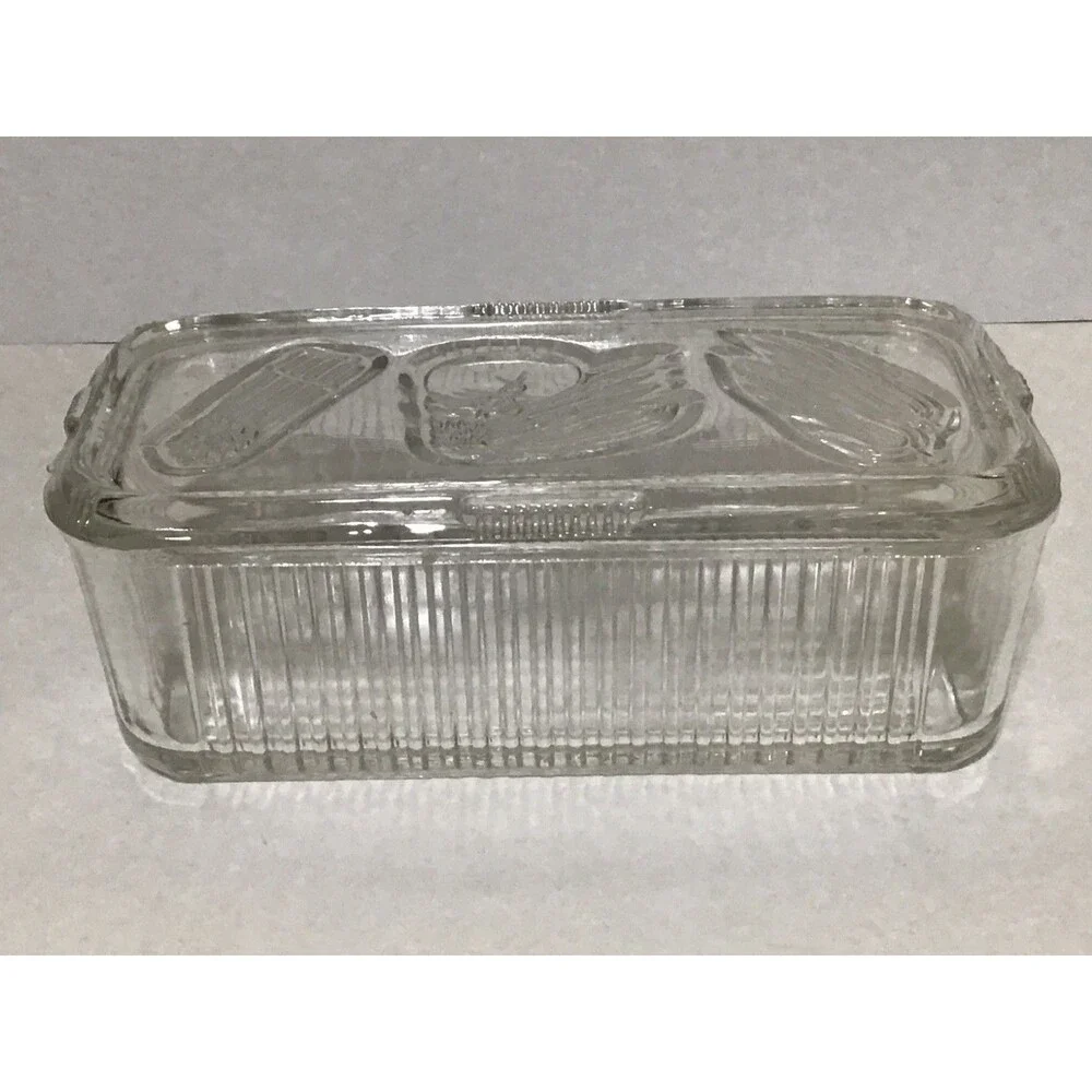 Vintage Federal Glass Ribbed Oblong Refrigerator Dish With Lid 8 inches Embossed
